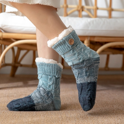 Warm Floor Socks Faux Fur Lined Acrylic Cable Knit Gradient Winter Indoor House Socks With Button For Women