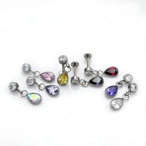 G23 Titanium Teardrop Zirconia Dangling Stud Earrings Internally Threaded Body Piercing Jewelry For Ear Cartilage