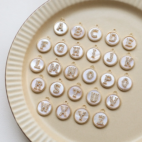 Round Alphabet Initial Pendants Gold Plated Copper Mother Of Artificial Pearl Shell Zircon Rhinestone DIY Jewelry Making Charms