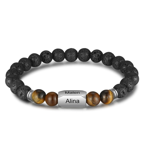 Bracelet Perles Pierre Oeil De Tigre Roche Volcanique Acier Inoxydable Cylindre Plaque Nom Bijou Hommes Femmes
