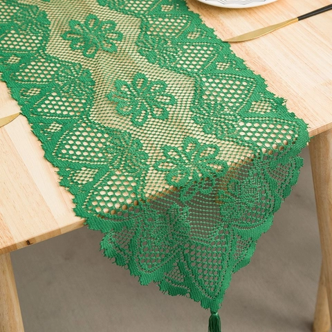 Vintage Hollow Lace Table Runner With Tassels French Retro Floral Crochet Polyester Tablecloth For Dining Room Decor