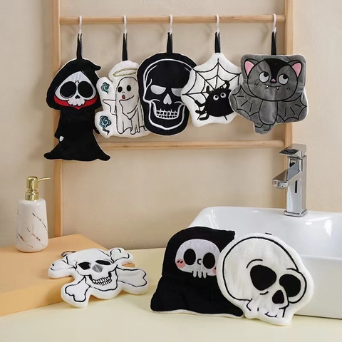 Halloween Hand Towel Hanging Coral Fleece Soft Absorbent Cartoon Skull Ghost Bat For Bathroom Kitchen