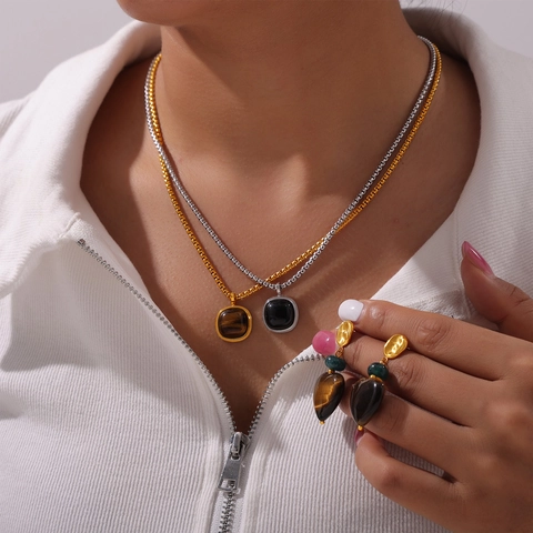 British Vintage Titanium Steel Jewelry Set Square Tiger Eye Pendant Necklace Heart Black Onyx Earrings For Women Men Gift