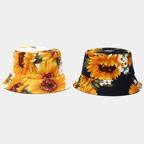 Chapeau Bob Réversible Imprimé Tournesol Été Toile De Coton Protection Solaire Bord Large Extérieur Plage Pliable