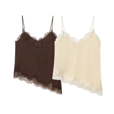 Damen Sexy Satin Cami Top V-Ausschnitt Spitzenbesatz Asymmetrischer Saum Spaghettiträger Slim Fit Streetwear