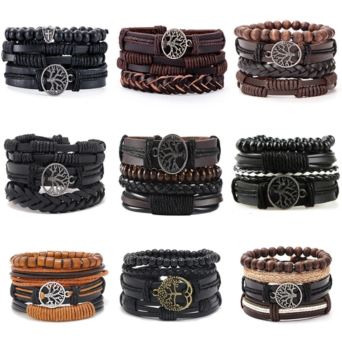 Bracciale Multistrato Albero Della Vita Ciondolo Pelle Perline In Legno Lega Regolabile Vintage Punk Gioielli Per Uomo Donna