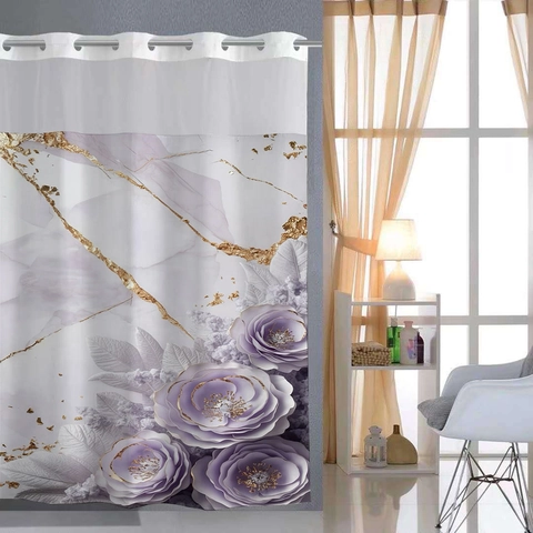 Douchegordijn Polyester Waterdicht Zonder Haken Met Afneembare Voering Marmer Bloemenprint Luxe Badkamer Decor