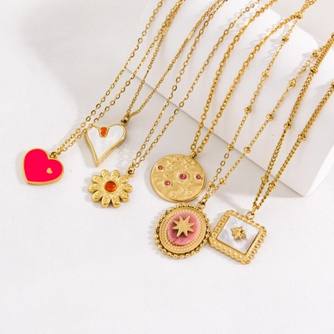 Collana Con Ciondolo In Acciaio Al Titanio Placcato Oro Conchiglia Bianca Agata Rossa Bussola Stella Cuore Gioielli Vintage