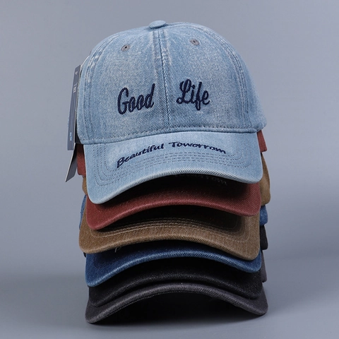 Washed Denim Baseballkappe Vintage Bestickte Buchstaben Good Life Sonnenhut Verstellbar Lässig Retro Damen