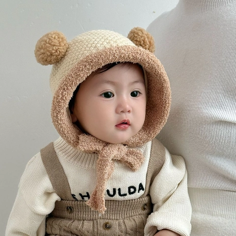 Cappello In Maglia Invernale Bambini Protezione Orecchie Fodera Sherpa Pompon Orecchie Orso Lacci Caldo Antivento Neonati