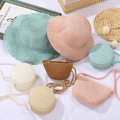Kids Girls Sun Hat And Matching Shoulder Bag Woven Paper Straw Fiber Scalloped Edge Wide Brim Summer Beach Leisure