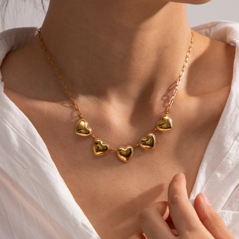 Collar Colgante Corazón Acero Inoxidable Chapado Oro 18K Corazones Inflados Cadena Clip Joyería Elegante Minimalista Para Mujer