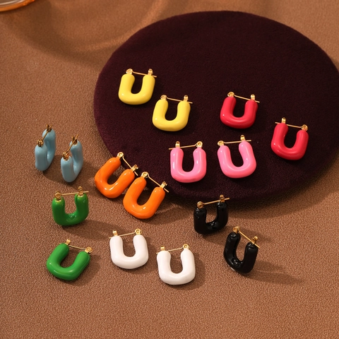 French Vintage U-Shaped Enamel Stainless Steel Hoop Earrings For Women Colorful Trendy Geometric Waterproof Jewelry Earrings
