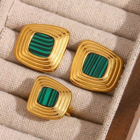 Retro Geometric Trapezoid Stud Earrings And Ring Stainless Steel 18K Gold Plated Malachite Texture Acrylic Women Jewelry