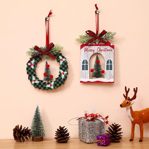 Christmas Wooden Hanging Ornaments Mini Tree House Wreath Shapes With Plaid Bows And Cedar Trees Holiday Home Decor