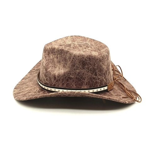 Chapeau De Cowboy Western Texture Simili Cuir Craquelé Large Bord Fedora Jazz Avec Rivets Étoiles Et Glands Homme Femme