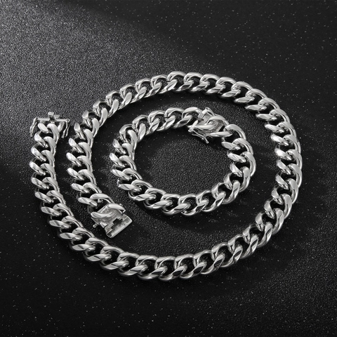 Collier Et Bracelet À Mailles Cubaines Pour Hommes Acier Inoxydable Hip-Hop Punk Streetwear Bijoux Polis Couleur Argent