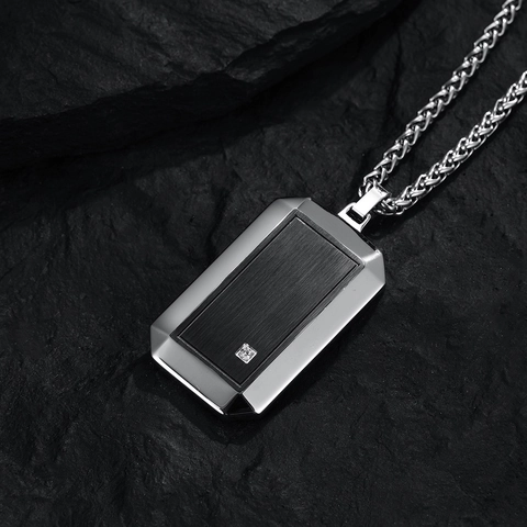 Collana Con Pendente A Targhetta Rettangolare In Acciaio Inossidabile Da Uomo Con Pannello Spazzolato Nero E Zirconia Incastonata Hip Hop
