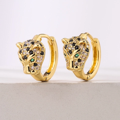 Leopard Kopf Hoop Ohrringe Vergoldetes Kupfer Mit Grünen Steinaugen Funkelndem Zirkonia Tierschmuck Für Damen