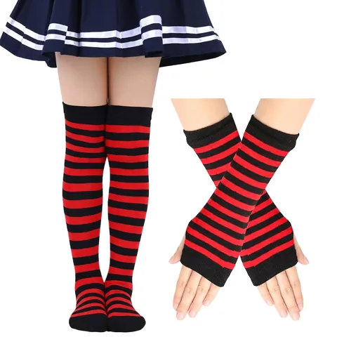 Kids Striped Socks And Arm Warmers Polyester Spandex Knitted Over Knee Stockings Fingerless Gloves Dance Performance Outfit