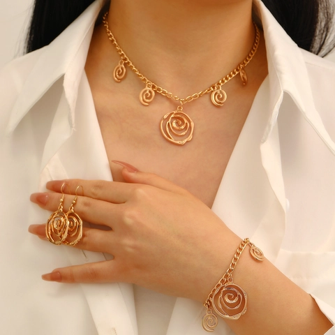Exaggerated Spiral Rose Flower Jewelry Alloy Hollow Vortex Necklace Bracelet Earrings For Women High End Style