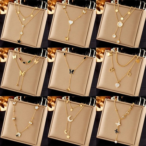 Butterfly Star Moon Necklace Stainless Steel Gold Plated Multi Layered Shell Zirconia Pendant Elegant Jewelry For Women