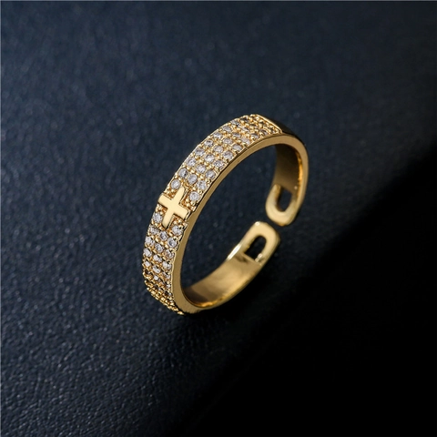 Cross Open Ring Copper 18K Gold Plated Micro Pave Zircon Geometric Adjustable Jewelry For Women