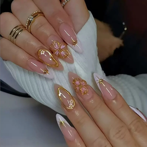 Long Almond Press On Nails Pink French Tip 3D Golden Flower Star Rhinestone Elegant ABS Manicure For Women