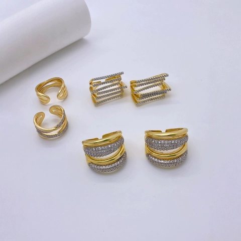 18K Gold Plated Copper Zirconia Open Ring For Women Fashion Multi-layer Geometric Adjustable Finger Ring Jewelry Gift