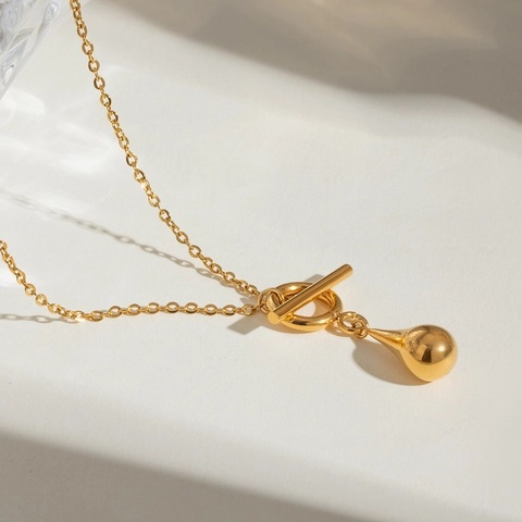 Minimalist Stainless Steel Water Drop Pendant Necklace With OT Buckle Toggle Clasp Gold Plated ins Style For Women Jewelry Gift