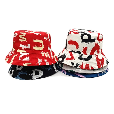 Graffiti Letter Print Vissershoed Polyester Zonbescherming Streetwear Casual Emmer Hoed Voor Heren Dames