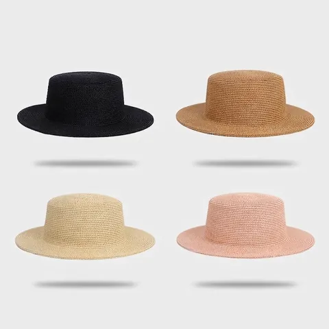 French Flat Top Straw Boater Hat For Women Wide Brim Paper Sun Protection Beach Summer Vacation Breathable
