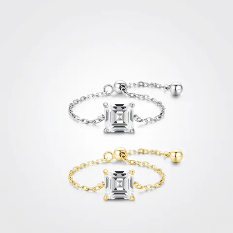 Minimalist Square Cubic Zirconia 925 Sterling Silver Adjustable Chain Ring Geometric Fashion Jewelry For Women