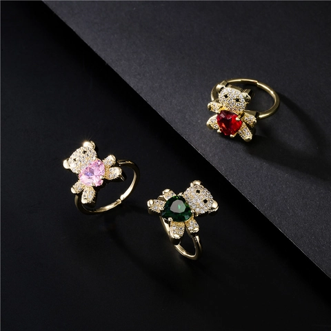 Grazioso Anello Aperto Orsetto Cuore Rame Zirconia Placcato Oro Gioielli Regolabili Regalo Donna