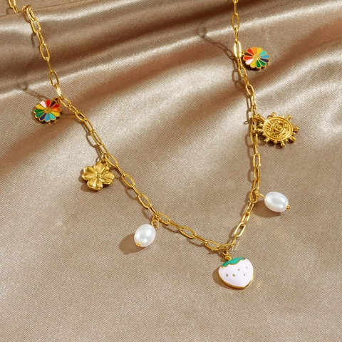 Collar De Acero Inoxidable Chapado En Oro Con Colgantes De Esmalte Fresa Girasol Corazón Ojo Turco Y Perla Artificial De Imitación