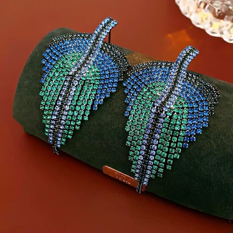 Orecchini Pendenti Foglia Strass Sfumato Blu Verde Con Perno Argento Nappe Gioielli Moda Donna Festa