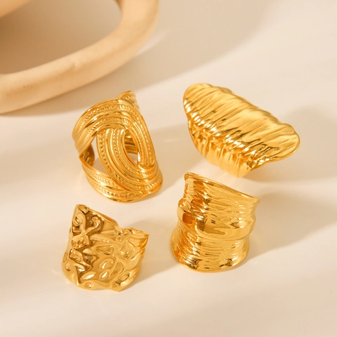 Textured Stainless Steel Ring Gold Plated Hammered Wavy Geometric Adjustable Open Jewelry Waterproof Hypoallergenic For Women