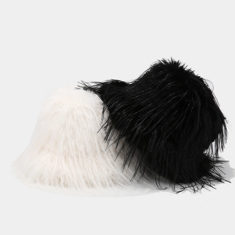 Women Faux Fur Bucket Hat Winter Fluffy Long Plush Thick Warm Fashion Streetwear Adjustable Polyester Solid Color