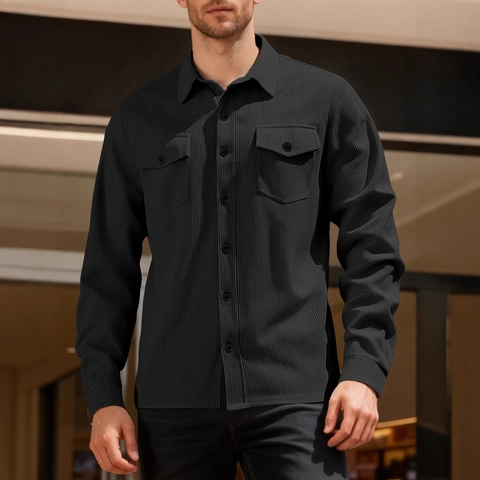 Herren Freizeit Hemd Cord Langarm Doppel Taschen Einfarbig Knöpfe Reverskragen Workwear Stylisches Oberteil