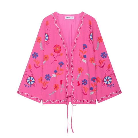 Damen Bestickt Blumen Cardigan Pink Langarm V-Ausschnitt Bindeband Boho Kimono Urlaub Stil Jacke Strand Cover Up