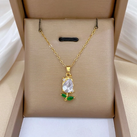 Tulip Pendant Necklace Stainless Steel Chain Copper Micro Inlaid Zircon Flower Choker Luxury Elegant Jewelry Gift For Women