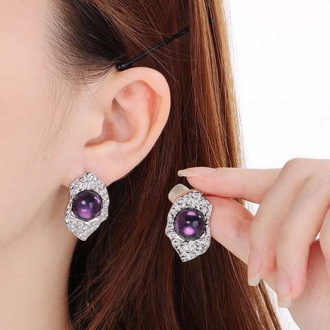 Retro Irregular Geometric Stud Earrings Cat Eye Stone Stainless Steel 18K Gold Plated 925 Sterling Silver Earring Post