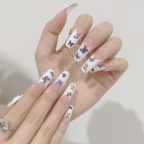 French Purple Butterfly Press On Nails Long Coffin Ballerina Fake Nails Gradient Pattern Full Cover For Women Girls