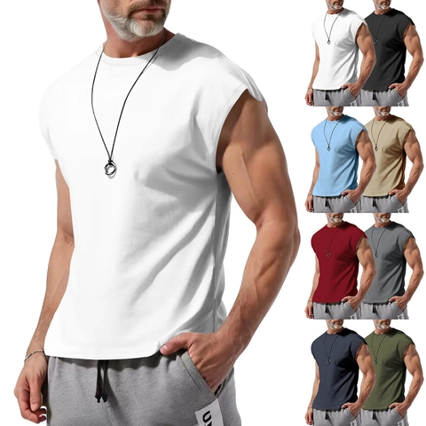 Men Tank Top Sleeveless T-Shirt Polyester Round Neck Muscle Fit Summer Gym Sports Casual Solid Color