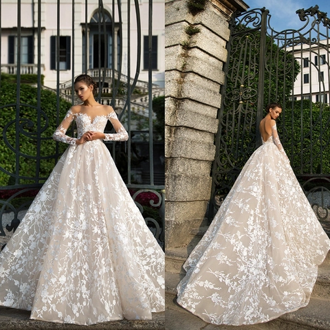 Elegante Trouwjurk Met Blote Schouders Lange Mouwen Rugloos Bloemen Kant Tule Baljurk Met Lange Sleep Voor Bruid