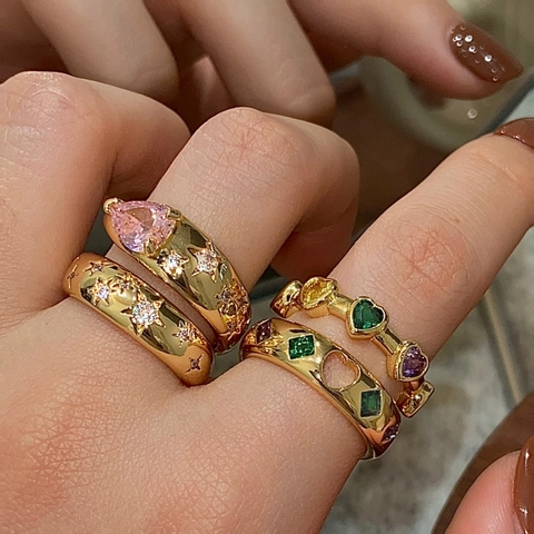 Rosa Birne Zirkon Stern Kupfer Ring Gold Vergoldet Doppelpack Verstellbar Offen Fingerring Damen Schmuck