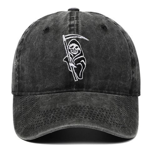 Casquette De Baseball En Coton Lavé Avec Broderie Faucheuse Ajustable Vintage Distressed Dad Hat Halloween Streetwear Pour Hommes Femmes