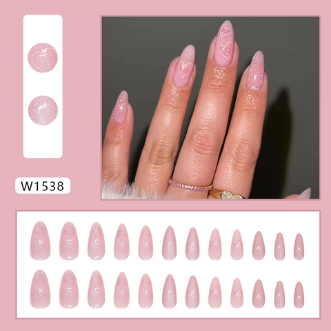 Cat Eye Press On Nägel Rosa Herzmuster Oval Glänzend Künstliche Fingernägel Süßer Stil Für Damen