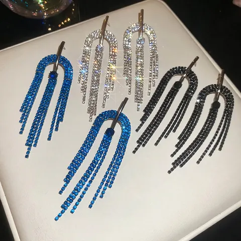 Elegante U-Vormige Kwastje Hangoorbellen Met 925 Sterling Zilveren Oorsteker Koperen Strass Sieraden Voor Dames