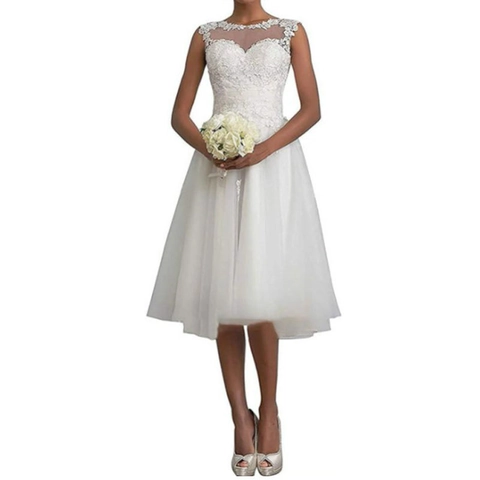 Abito Da Sposa Corto Pizzo Tulle Ricamo Senza Maniche Scollo Illusione Linea A Abito Nuziale Elegante Avorio Bottoni Schiena